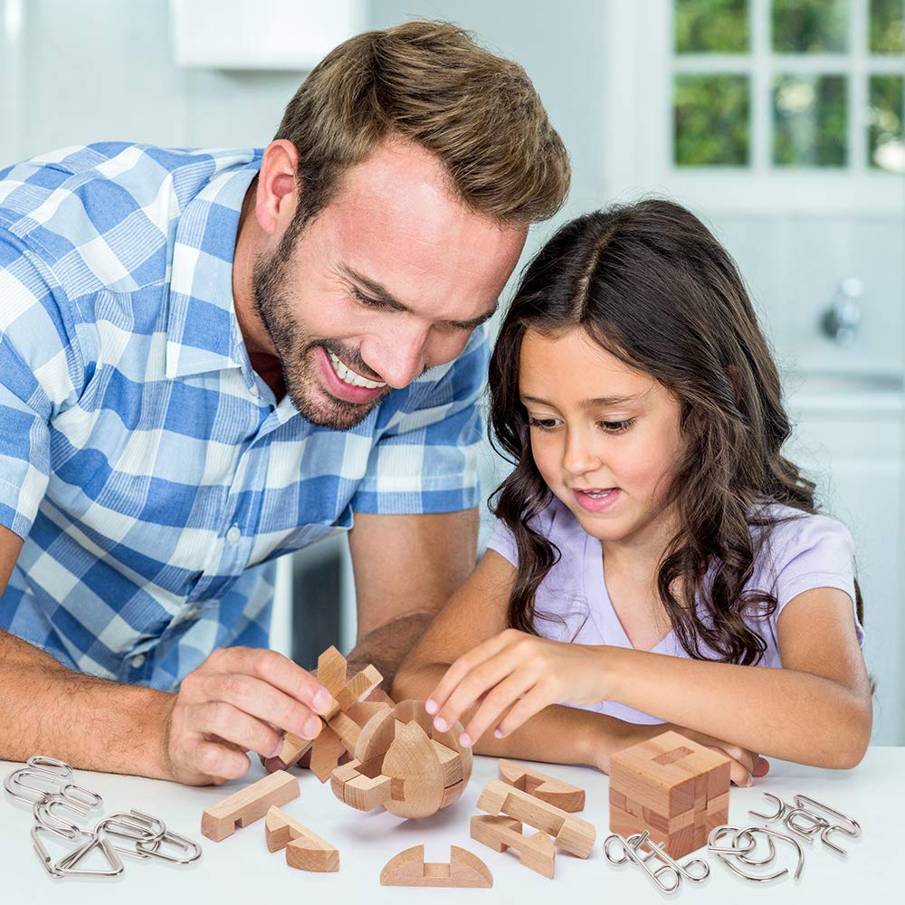 LESONG Brain Teasers Metal and Wooden Puzzles for Kids and Adults 9 Pack, Mind, IQ, and Logic Test and Handheld Disentanglement Games, 3D Coil Cast