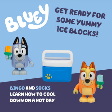 Bluey Let's Play Chef 2-Pack Toy Figure Playset, Ice Blocks Bingo and Socks Toddler Figurine Toys Set, Poseable Figurines for Kids Ages 3-5
