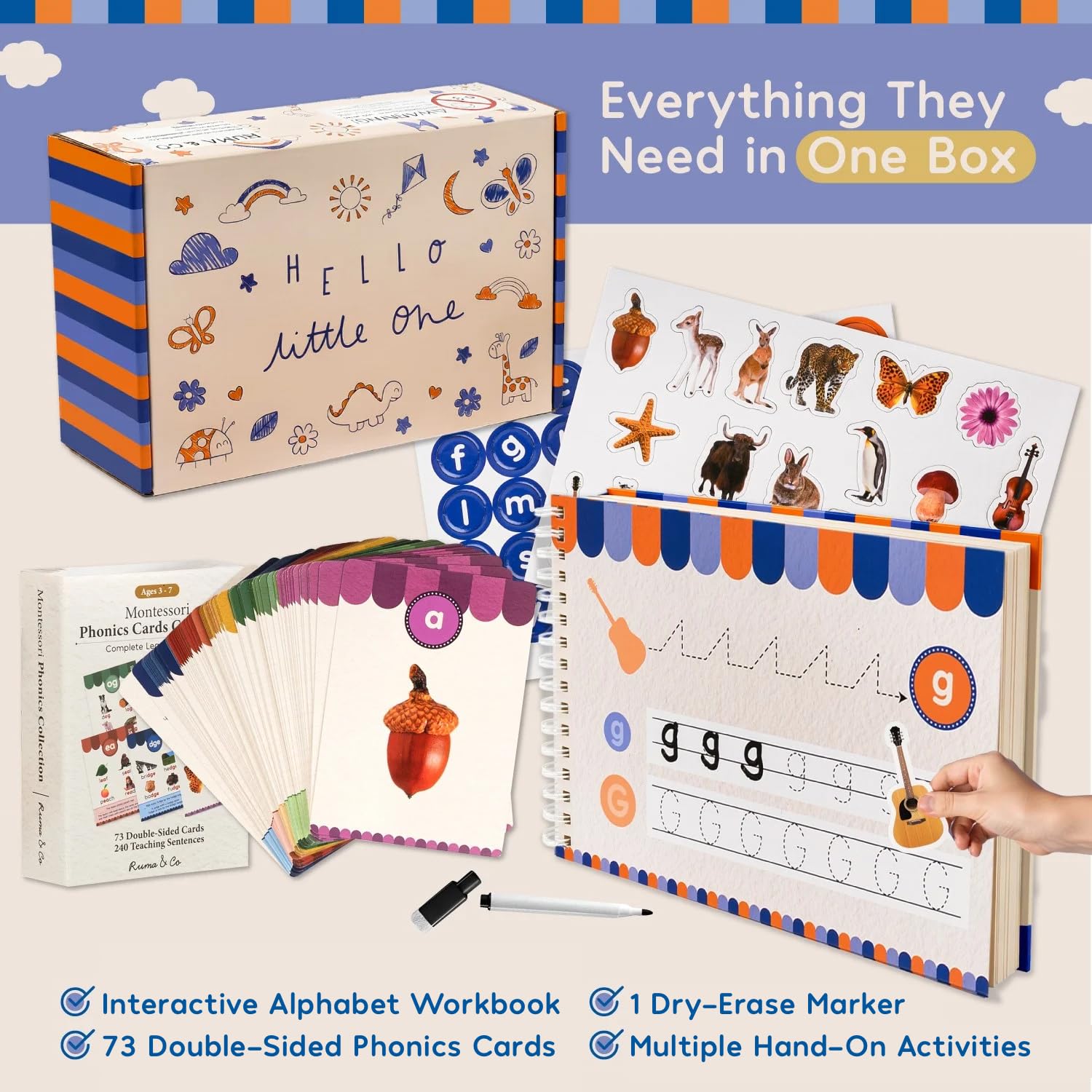 Montessori Phonics Set 20 Stages All-in-One Reusable Write & Wipe Activity Book with 73 Phonics Flash Cards Calm Early Learning Kit for Kids Ages 3-6