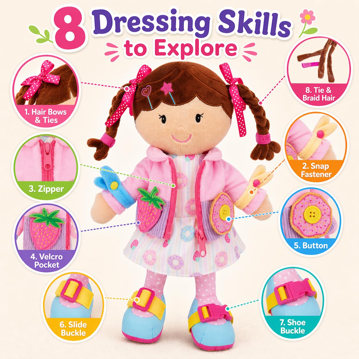 June Garden 15.5" Dressy Friends Daisy - Educational Stuffed Plush Doll for Kids and Toddlers 2 Years and Up - Montessori Buckle Soft Toy
