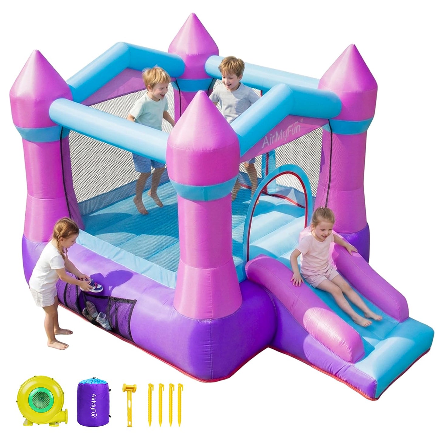 AirMyFun Pink Inflatable Toddler Bounce House with Blower, Indoor/Outdoor Jumping Castle for Kids 3-8, Inflatable Bouncy House with Slide, 82011B