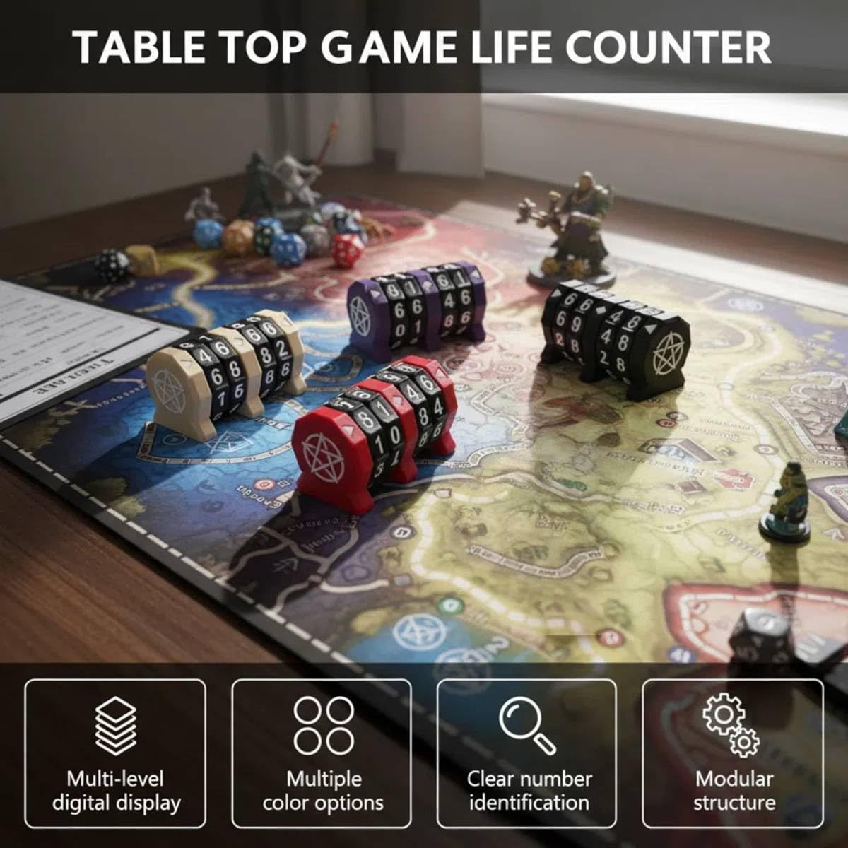 Board Game Life Counter, 4-Digit Wheel Trackers for 0-9999 Single Player and 0-99 Dual Player Modes, MTG Life Counter, Professionally Made for TCG