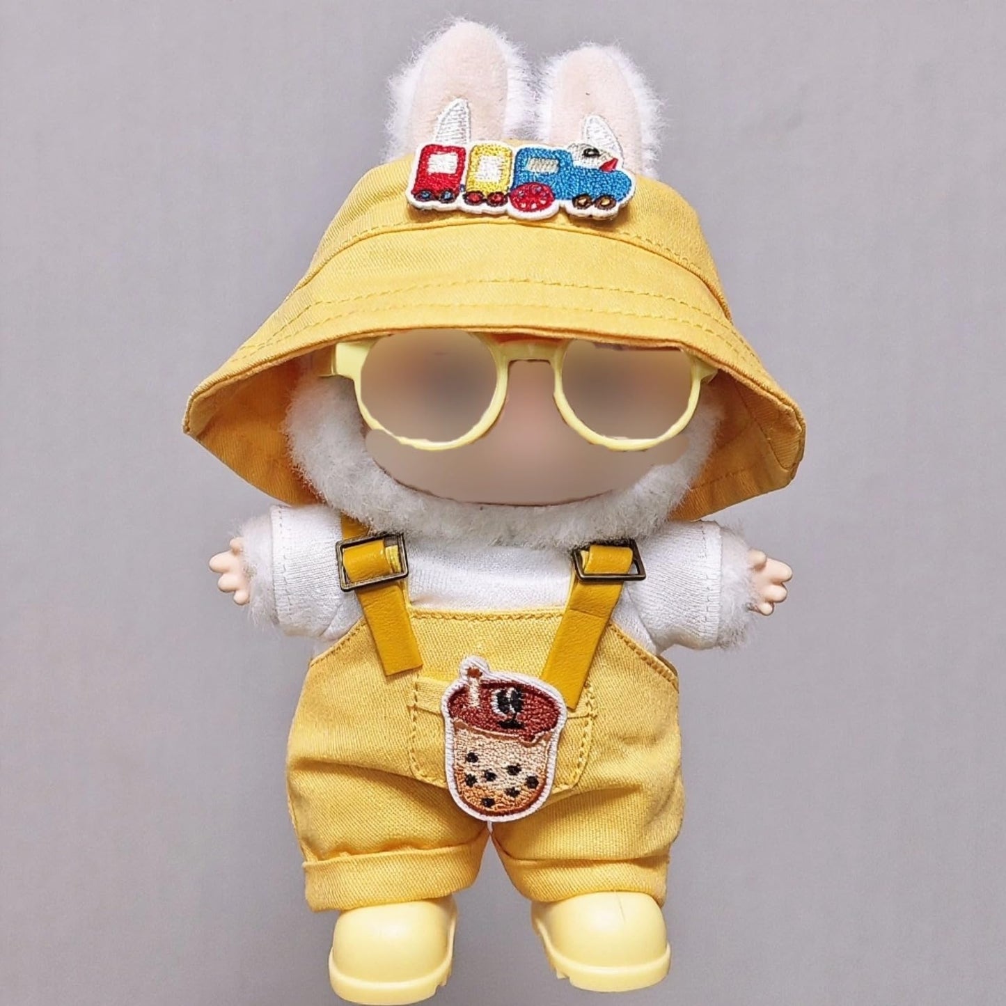Compatible with Labubu - Casual Outfit Set for Collectible Figures - Yellow Overalls with Bucket Hat, Sunglasses & Boots - Fits Gen 1, 2, 3 (Yellow