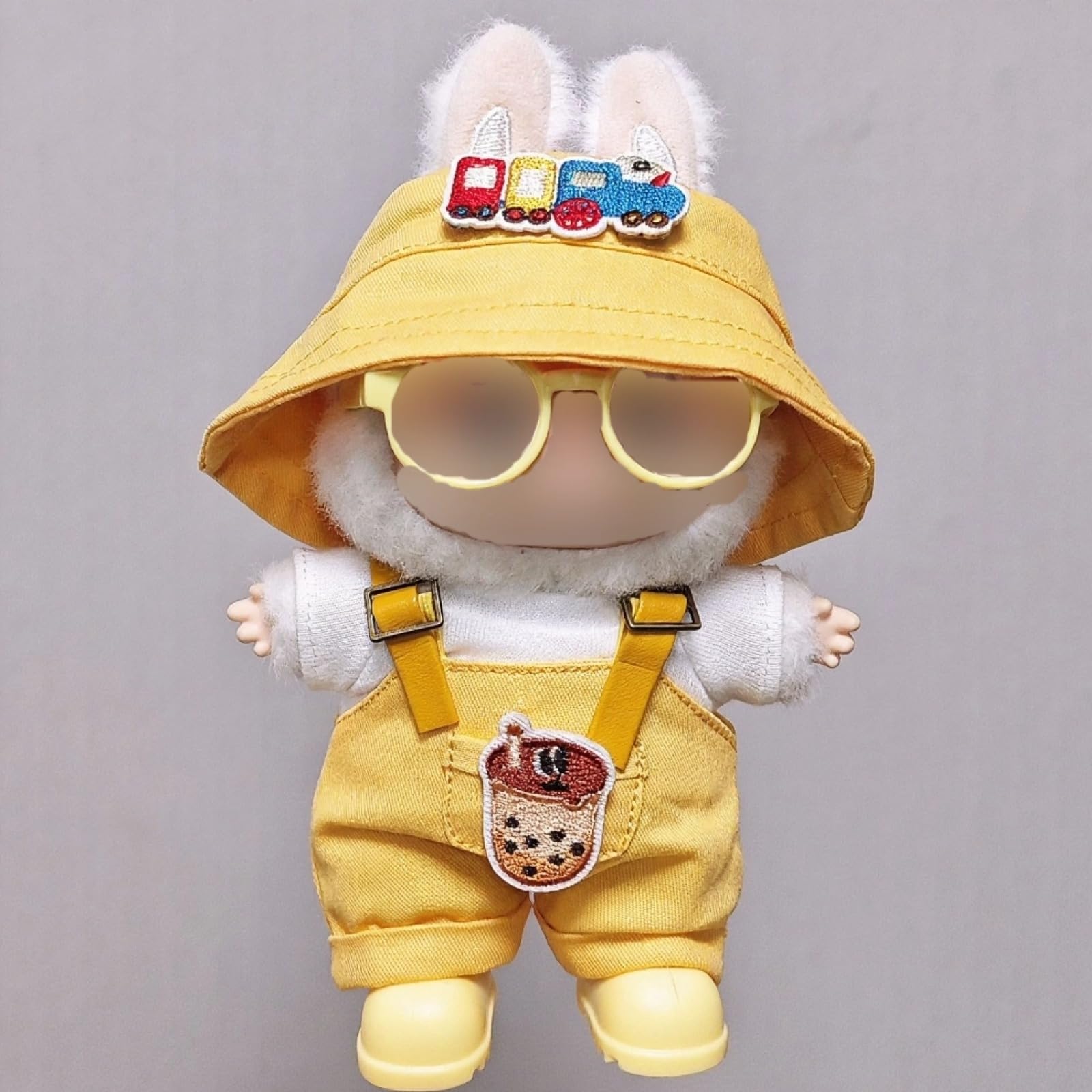 Compatible with Labubu - Casual Outfit Set for Collectible Figures - Yellow Overalls with Bucket Hat, Sunglasses & Boots - Fits Gen 1, 2, 3 (Yellow
