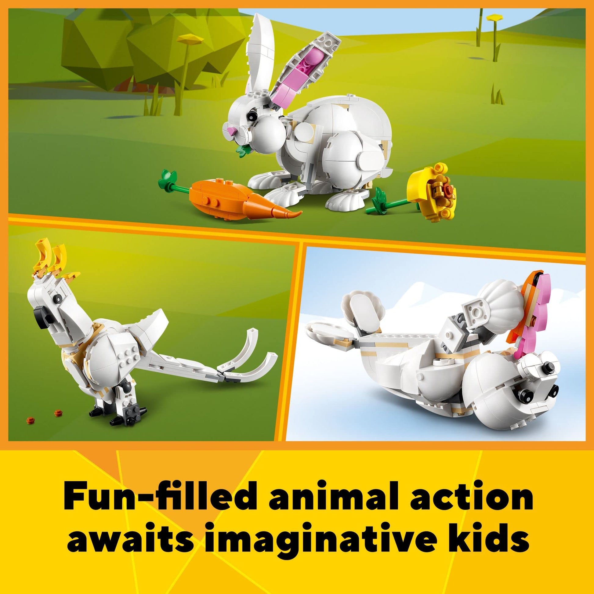 LEGO Creator 3 in 1 White Rabbit Animal Toy Building Set, STEM Toy for Kids 8+, Transforms from Bunny to Seal to Parrot Figures, Creative Play