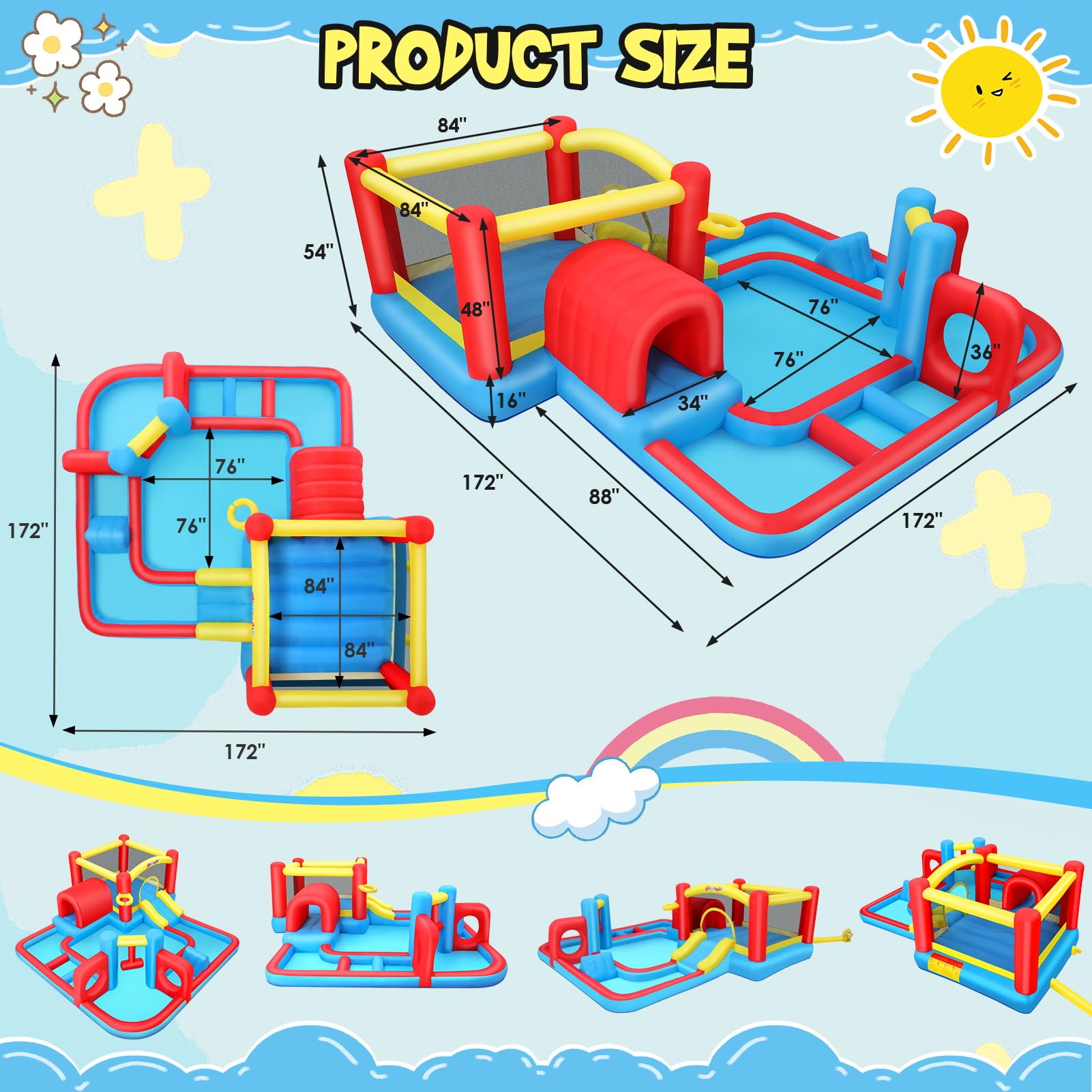 AKEYDIY Inflatable Water Slide Bounce House for Big Kids 3-12, Obstacle Course with Tunnel & Slide, Large Splash Pool, Water Cannon, Blow Up Water