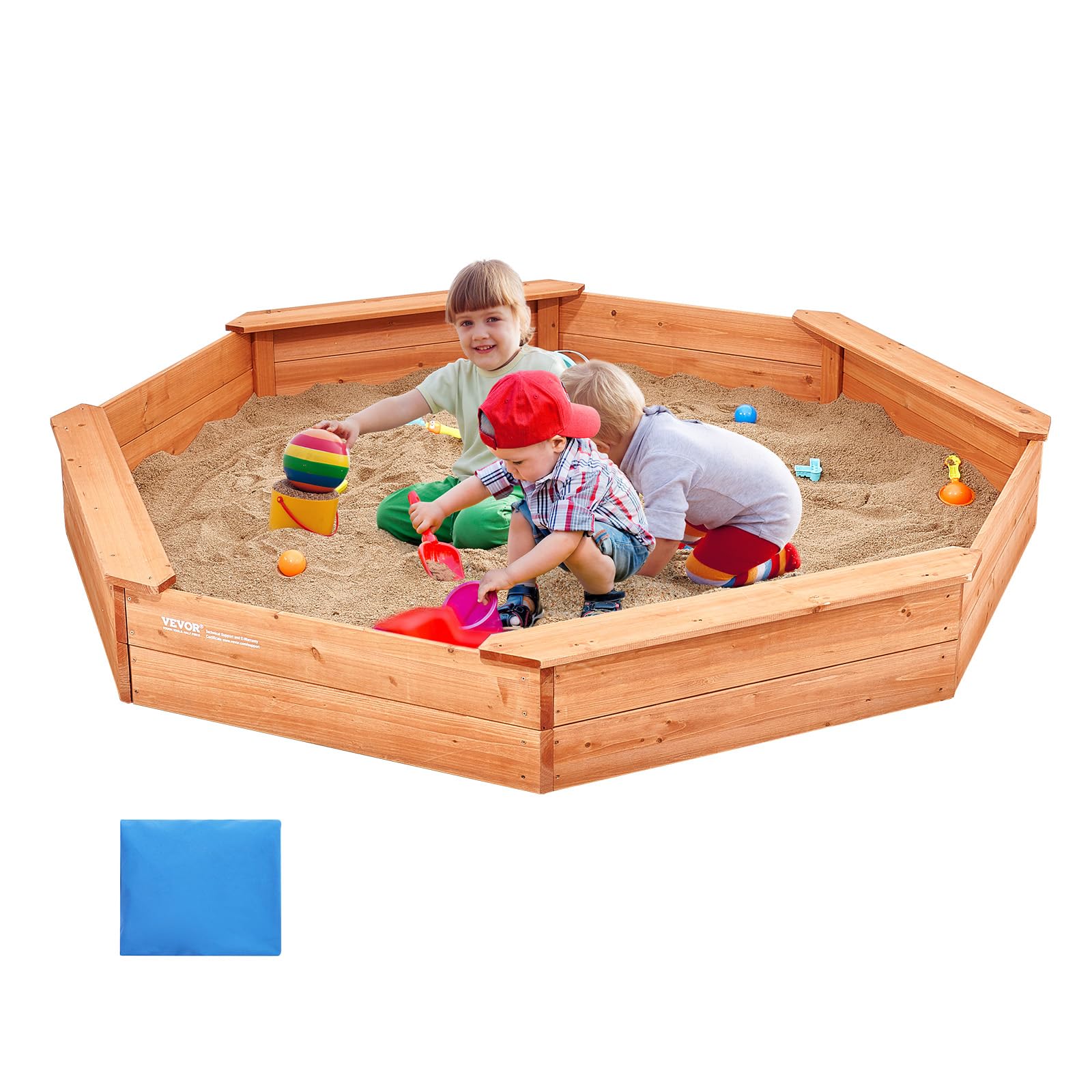 VEVOR Wooden Sandbox with Cover, 75.6''x75.6''x9.1'' Octagonal Sand Box, Sandpit with 4 Benches and Bottom Liner, Gift for Ages 3-12 Years Old