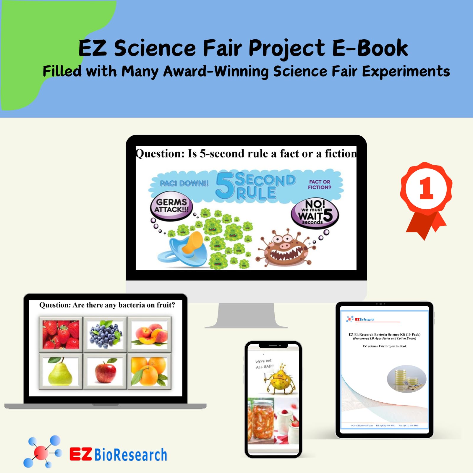 EZ BioResearch Bacteria Science Kit (IV): Top Science Fair Project Kit. Prepoured LB-Agar Plates And Cotton Swabs. Exclusive Free Science Fair Project
