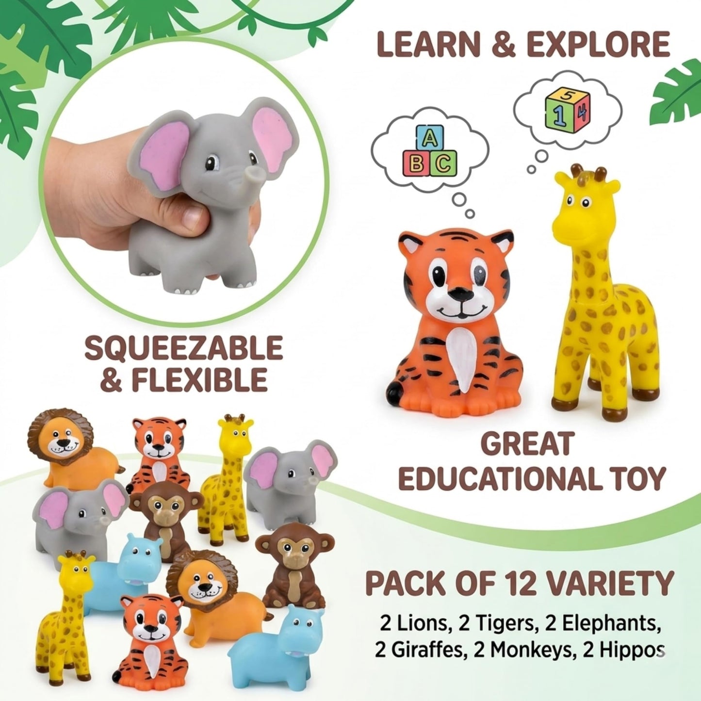 ArtCreativity Vinyl Zoo Animals Toys (Pack of 12) - Assorted Squeezable Toys Safari Animals Figures - Safari Birthday Party Favors for Kids, Jungle