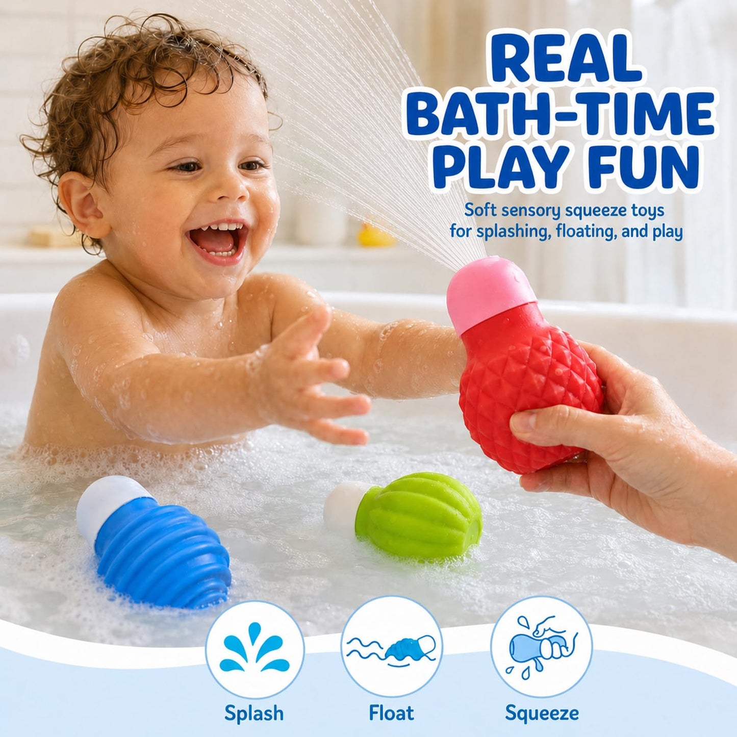 3 Pack Sensory Squeezing Water Bath Toys for Toddlers 1-3, Soft Silicone Bathtub Water Spray Toys, Textured Pool Floating Toys for Babies Kids, Fun