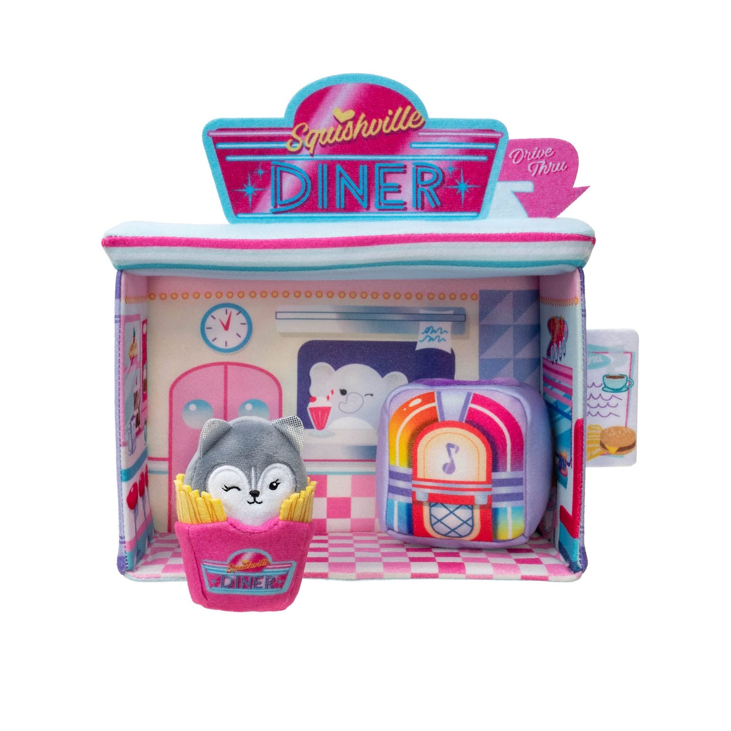 Squishville by Original Squishmallows Darling Diner Playset - Includes 2-Inch Heidi The Husky Plush, Jukebox, French Fries, and Diner Playscene - Toys