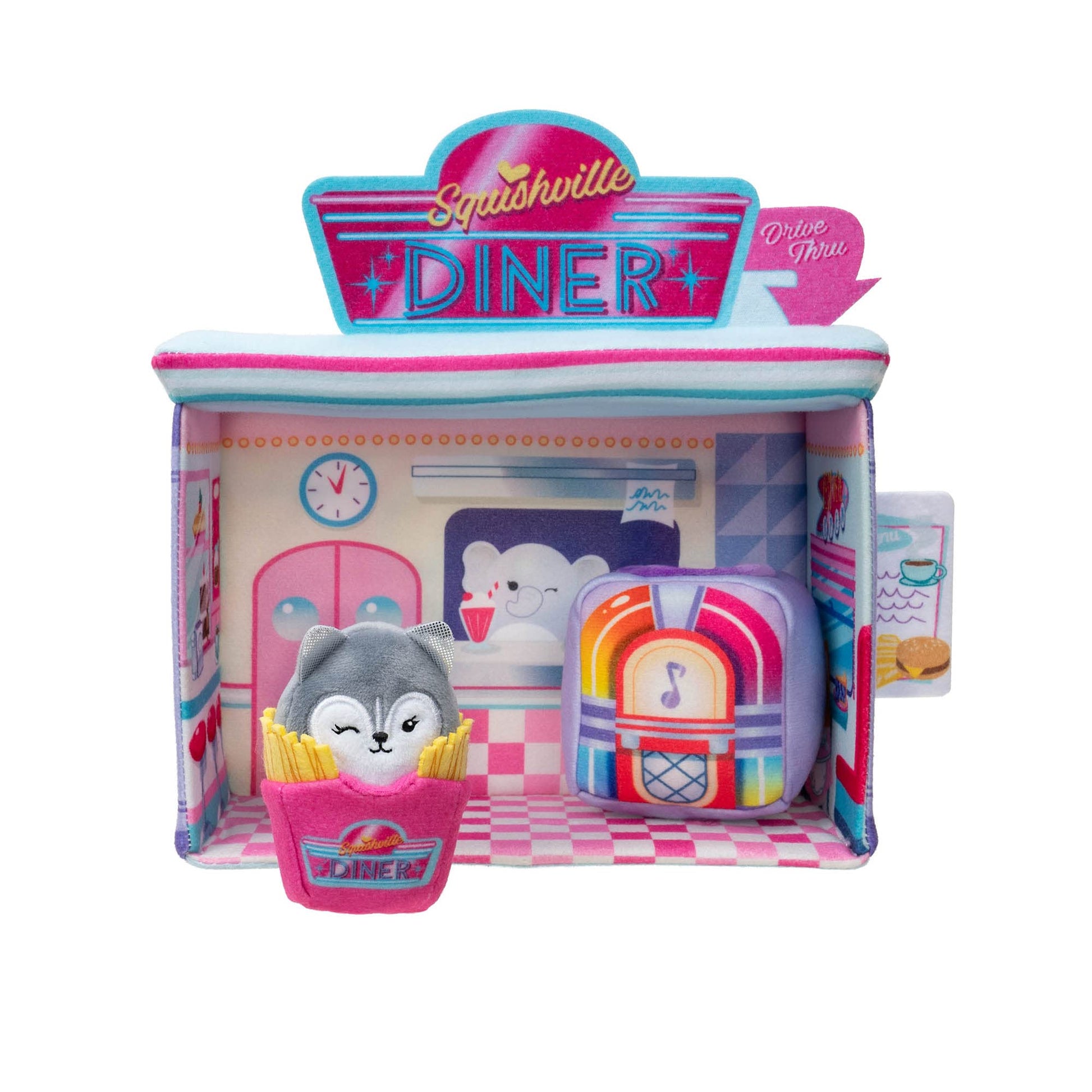Squishville by Original Squishmallows Darling Diner Playset - Includes 2-Inch Heidi The Husky Plush, Jukebox, French Fries, and Diner Playscene - Toys