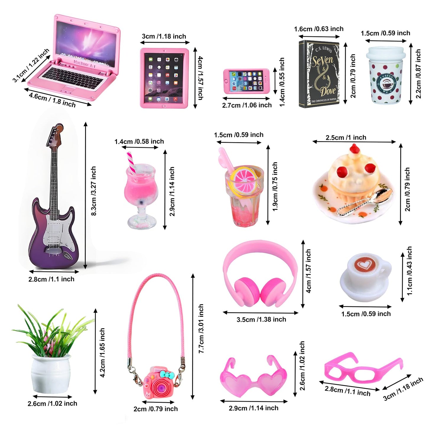 21 Pcs Miniature Dollhouse Accessories Laptop Phone 1/12 1/6 Scale Tiny Miniature Things, Doll House Furniture Decor Stuff Kitchen Cake Glasses Coffee