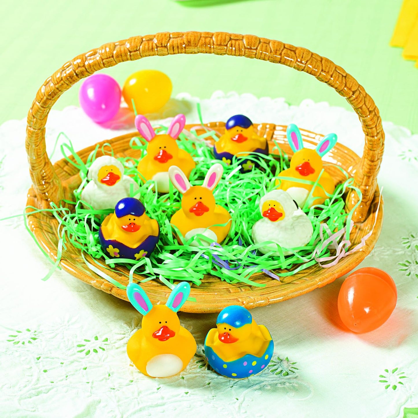 Fun Express Easter Bunny Rubber Duckies, Holiday Toys and Decorations, Treasure Chests Supplies - Pastel (Pink, Yellow, Blue) - 12 Pieces