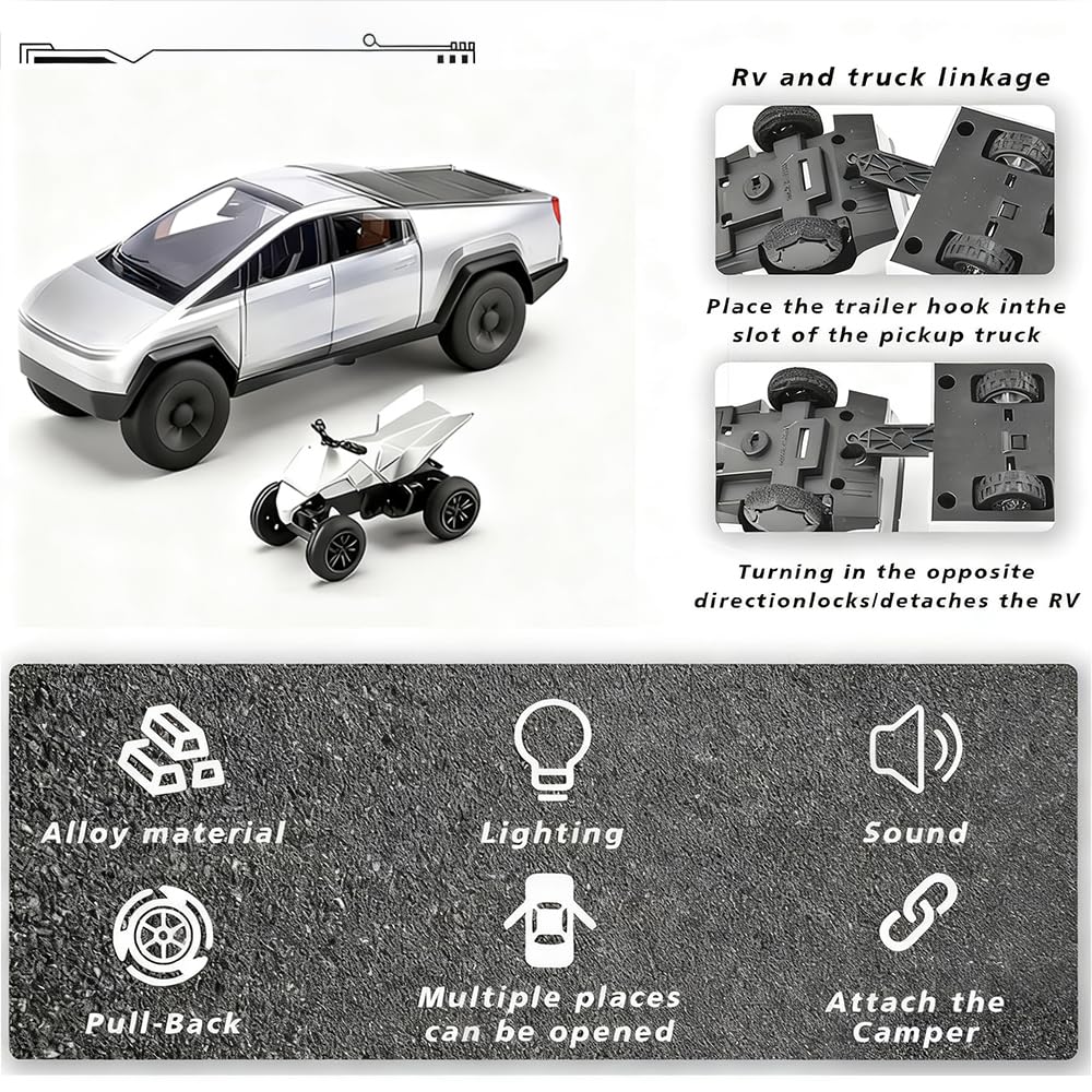 Cyber Style Truck Alloy Diecast Toys with Metal Trailer and Motorcycle Pull Back Pickup Model with Sound and Light Effect Race Car for Kid Adult Age