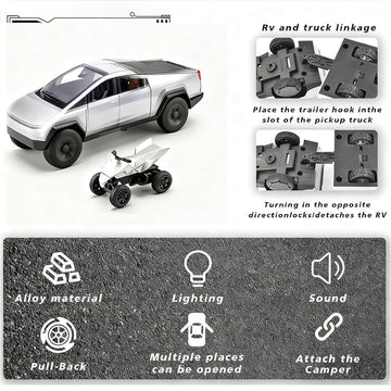 Cyber Style Truck Alloy Diecast Toys with Metal Trailer and Motorcycle Pull Back Pickup Model with Sound and Light Effect Race Car for Kid Adult Age