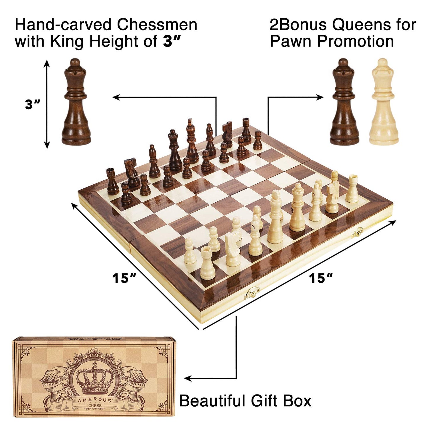 AMEROUS 15 Inches Magnetic Wooden Chess Set - 2 Extra Queens - Folding Board - Pieces Storage Slots, Handmade Portable Travel Chess Game - Beginner