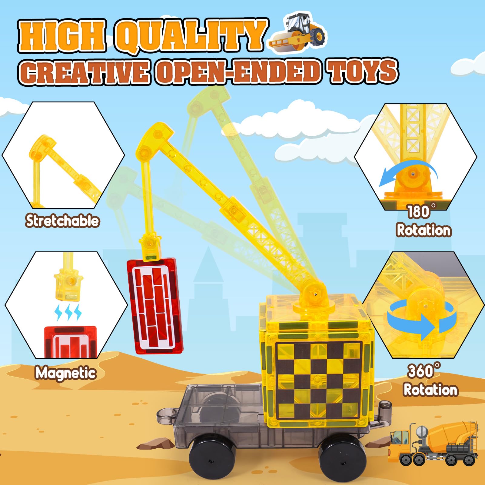 Magnetic Tiles Kids Construction Toys - Road Set with Magnet Crane for Boys Age 3-5 4-8 8-10, Magnet Building Blocks Expansion Pack Toy Car Track