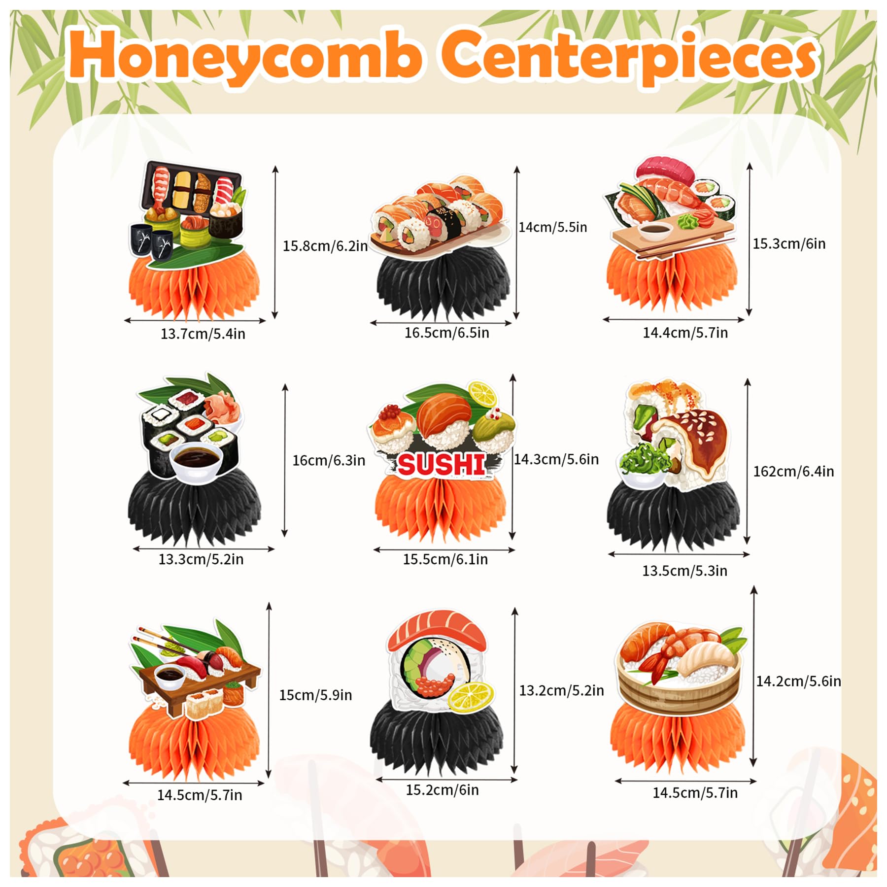 9 PCS Sushi Honeycomb Centerpieces for Table Decor, Sushi Table Decorations Table Toppers for Japanese Food Sushi Party Decorations Sushi Birthday