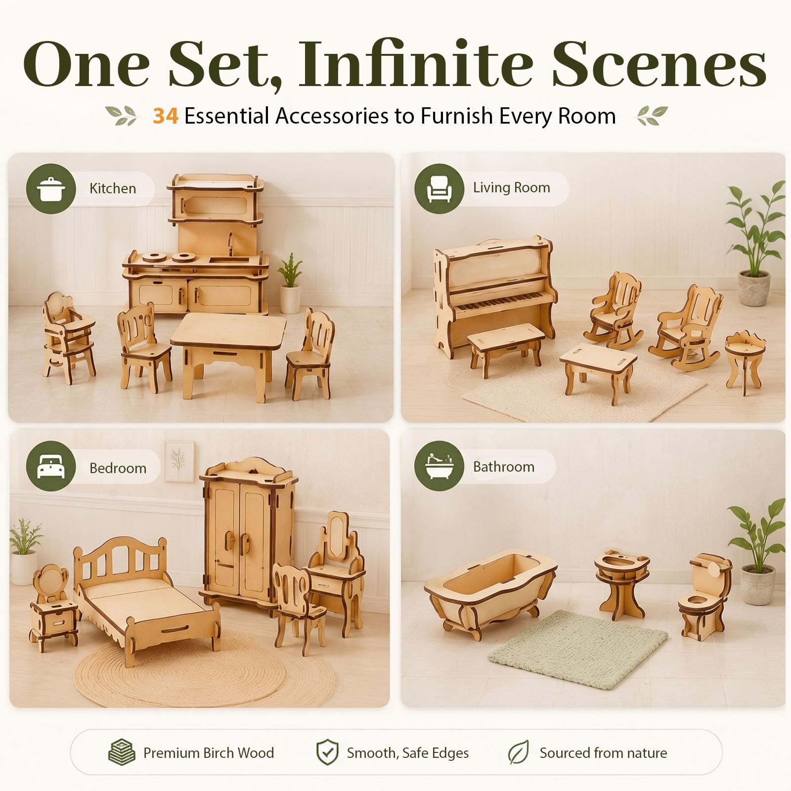 LOVEINUSA 34 PCS DIY Wooden Dollhouse Furniture Set, 1:20 Scale Miniature Room Accessories for Kitchen Living Room Bathroom for DIY Crafts Project