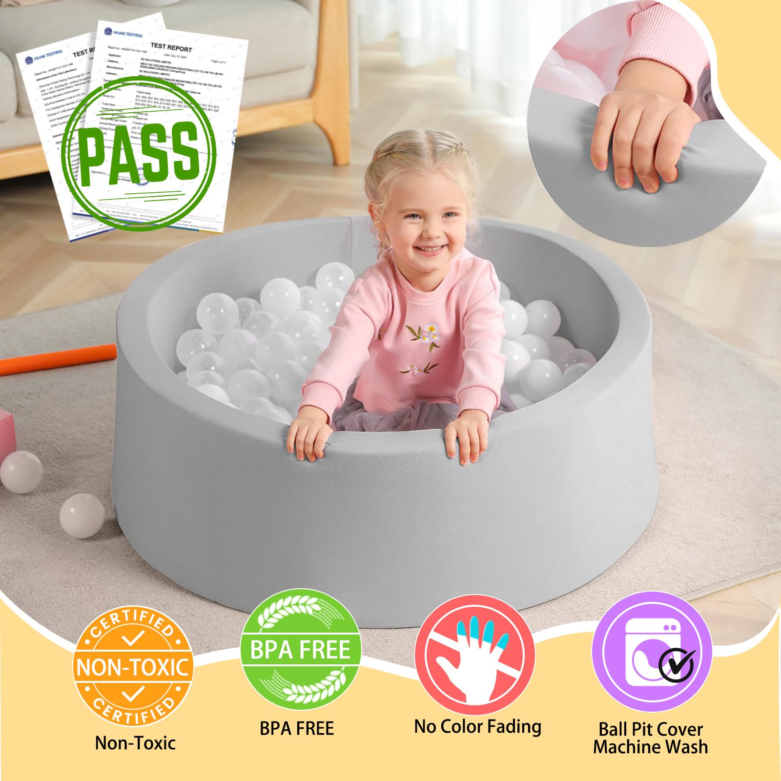 TRENDBOX Foam Ball Pit, 36" x 12" Indoor Soft Ball Pool for Kid?Light Gray