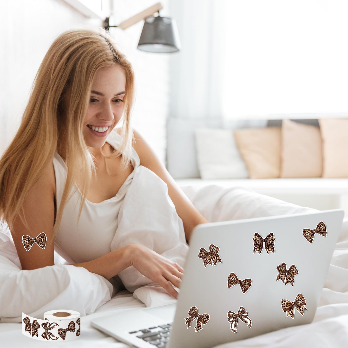 DSjuedui Trendy Cheetah Bow Roll Stickers - 1000Pcs Y2K Brown Watercolor Leopard Print Bow Vinyl Stickers, Cheetah Bowknot Waterproof Decals