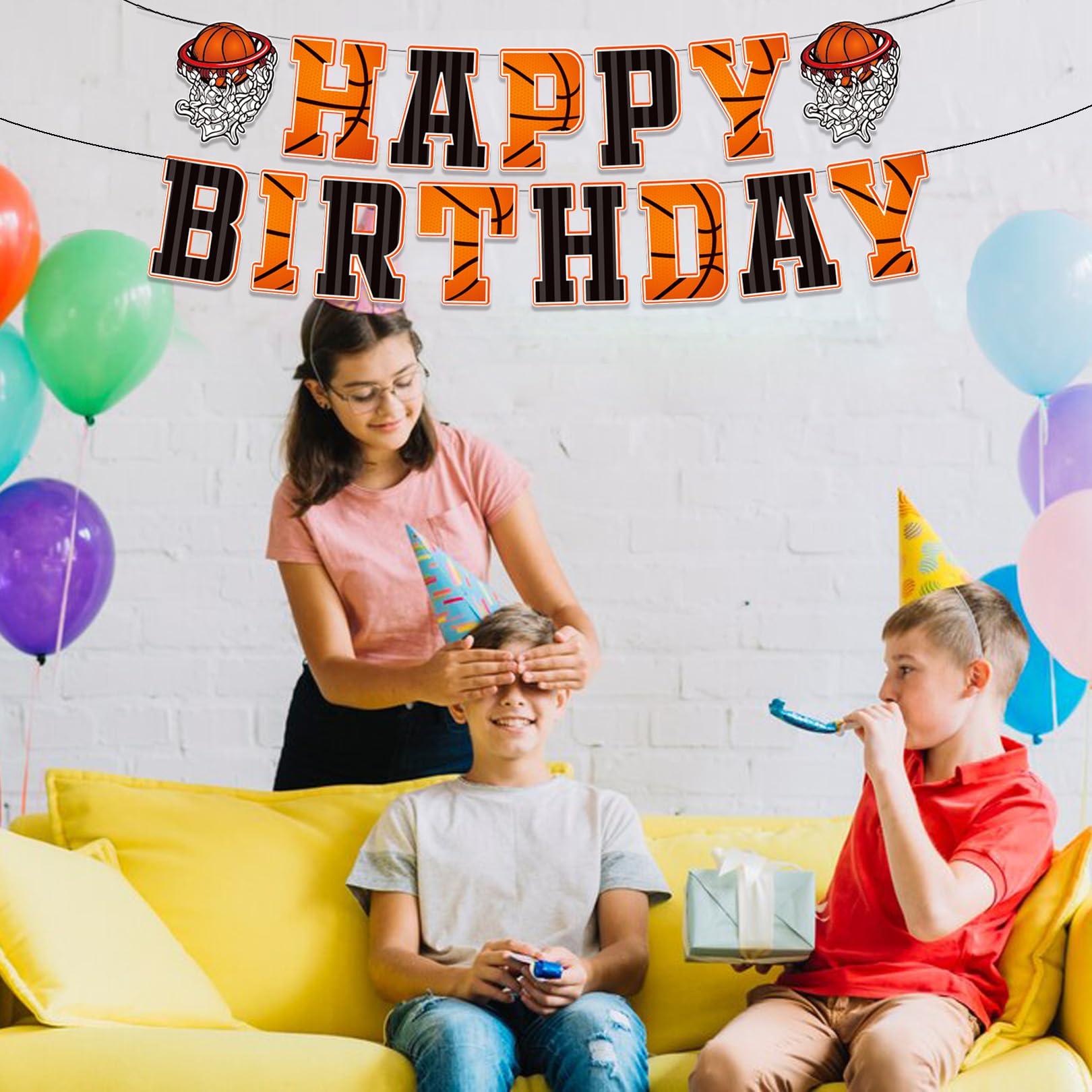 PANRRPERS Basketball Happy Birthday Banner, Slam Dunk Garland Bunting Sign, Basketball Party Decorations for Boys Teens Men Kids