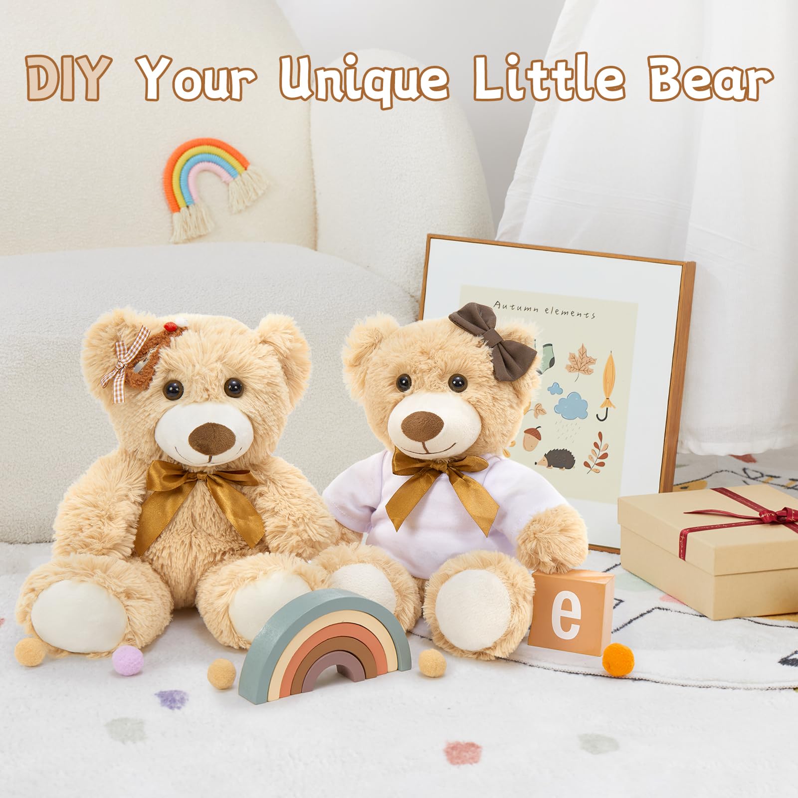 MorisMos 3Pcs Teddy Bears Bulk Baby Shower, 14inch Cute Teddy Bear Stuffed Animals Plush, Small Stuffed Bears on Centerpiece Baby Shower, Brown
