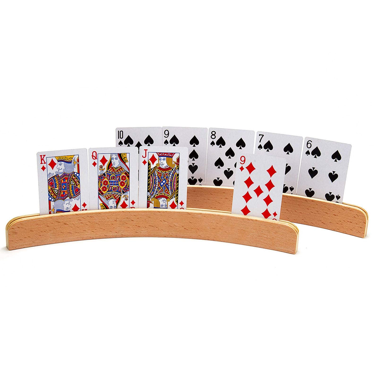 AMEROUS Wooden Playing Card Holders for Kids Seniors Adults, Long Enough Curved Wood Tray Rack Organizer for Card Game (Set of 4)
