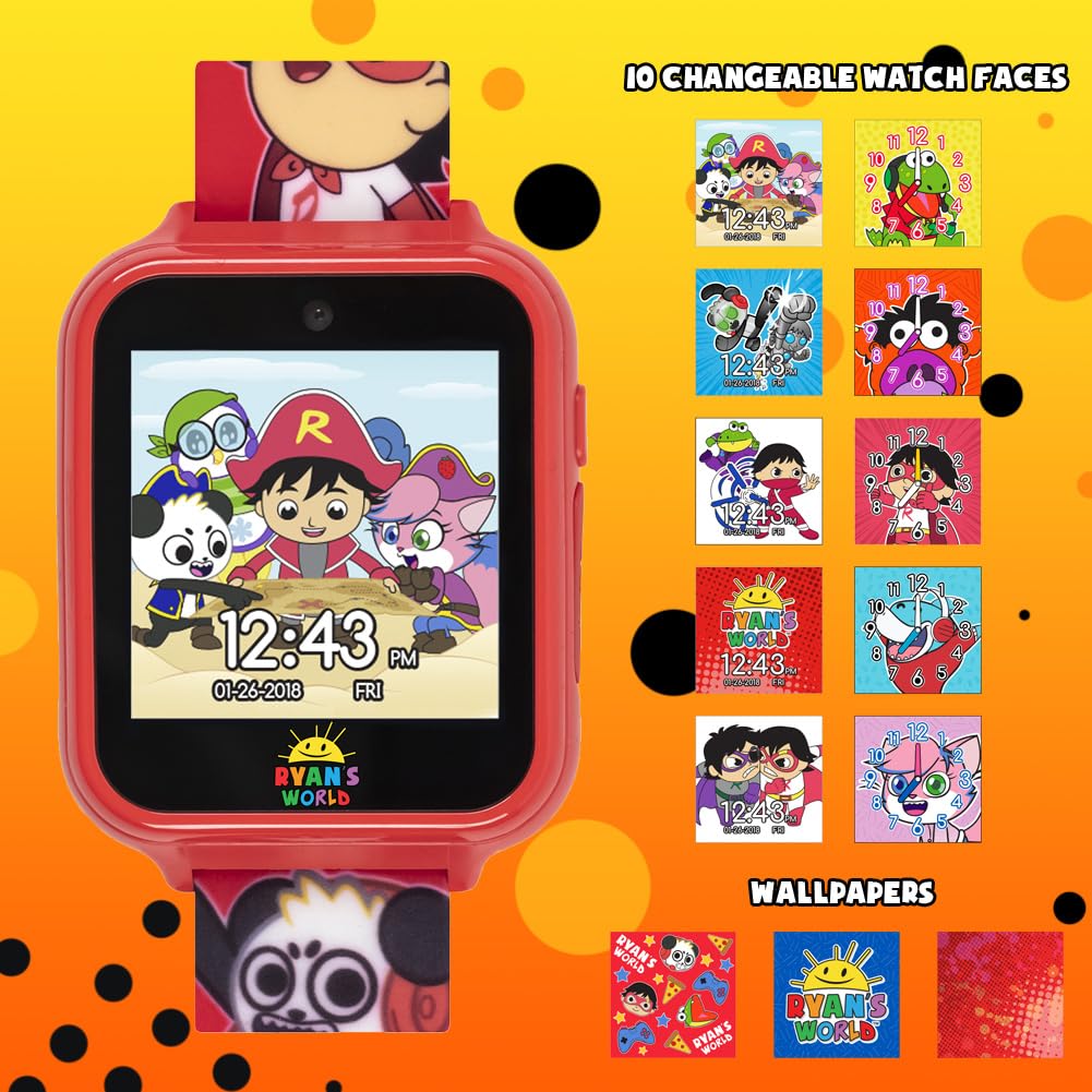 Accutime Kids Ryan's World Red Educational Touchscreen Smart Watch Toy for Boys, Girls, Toddlers - Selfie Cam, Learning Games, Alarm, Calculator