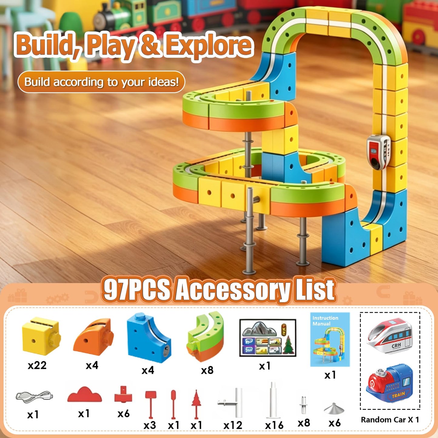 Uermis Electric Train Set for Kids, 3D Racing Track Set DIY Rail Cube Kit, STEM Gravity-Defying 360° Race Car Track, Educational Learning Toy for Boys