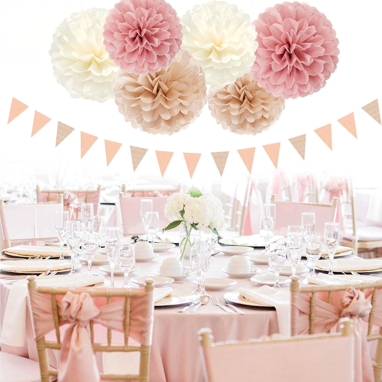 Pink Champagne-Peach Rose-Gold Boho Party Decorations - 23pcs Women Girls Birthday Tissue Pom Poms Streamers,Baby Bridal Shower Tassel Garland