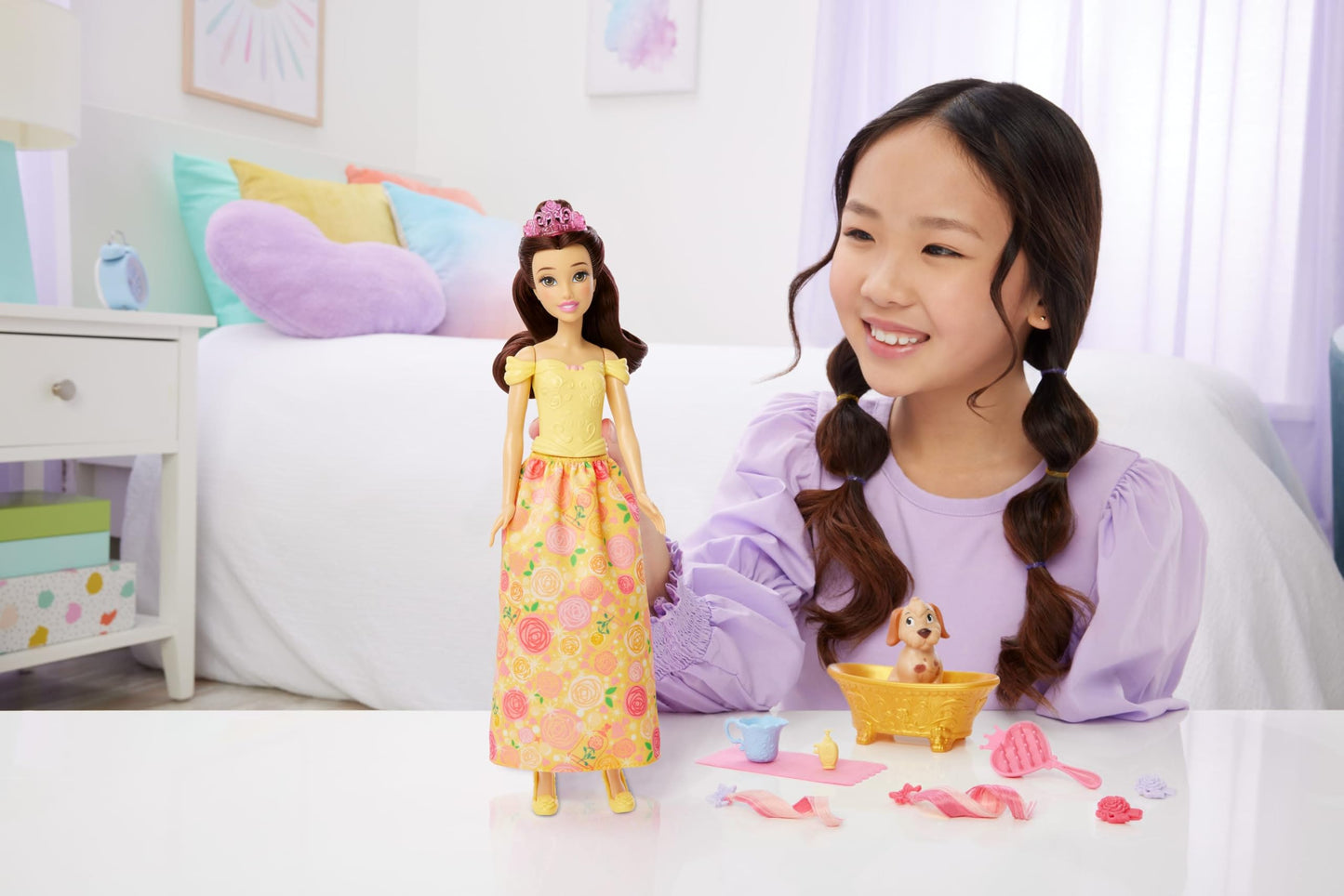 Mattel Disney Princess Belle Fashion Doll & Dog Figure with Color Change Spots, Bathtub, Brush & Hair Accessories, Inspired by Beauty & The Beast