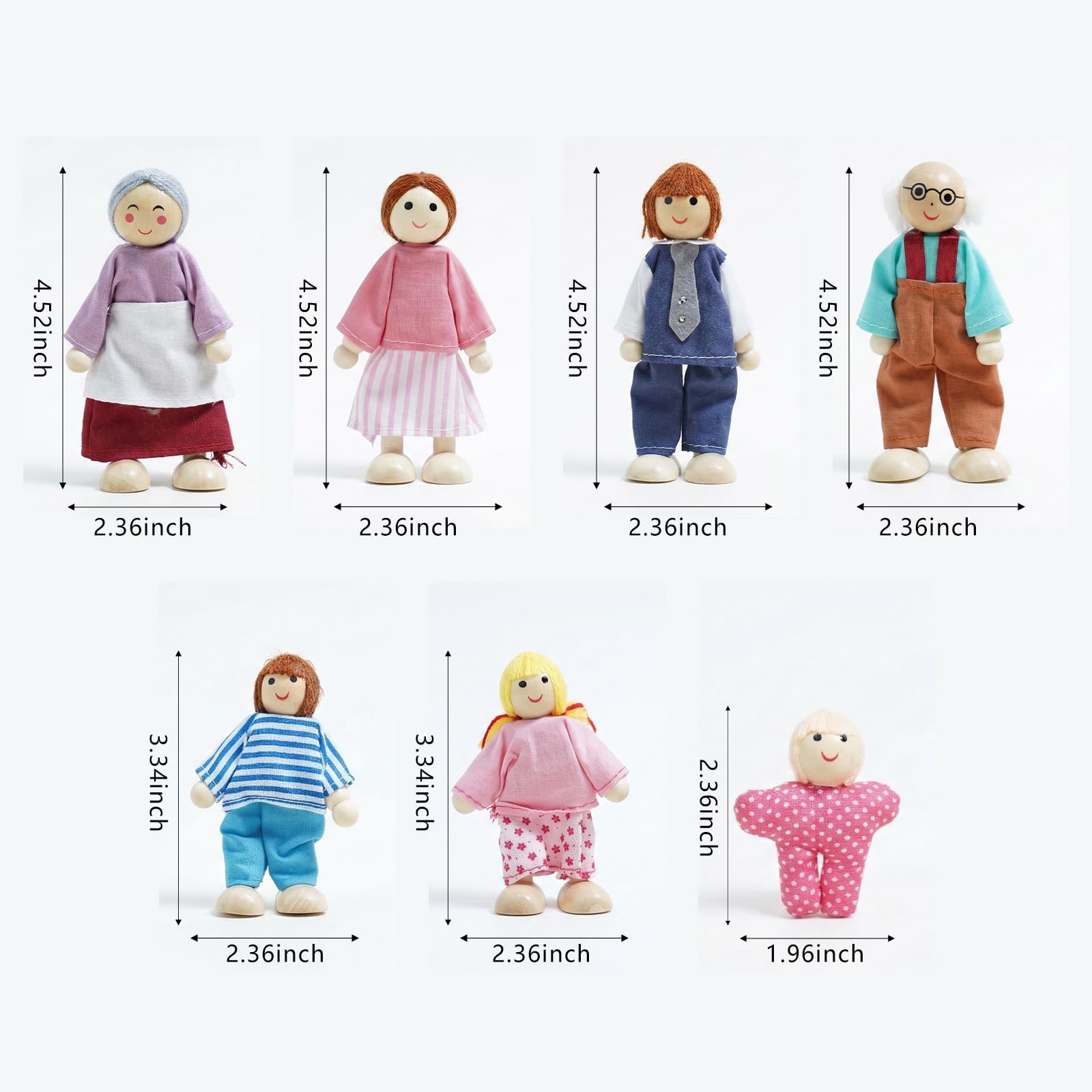 Sing2sky 7PCS Wooden Dollhouse Dolls for Playing House Gifts for Children, Wood, Articulated Pretend Play Figures, Smooth Splinter-Free Wood