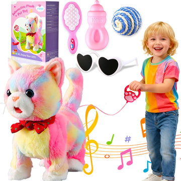 Colorful Leash Walking Cat for Girls Set Toy Interactive Talking Singing Cat Kids Remote Control Walking Kitten Dancing Kitten Mimicking Robotic Kitty