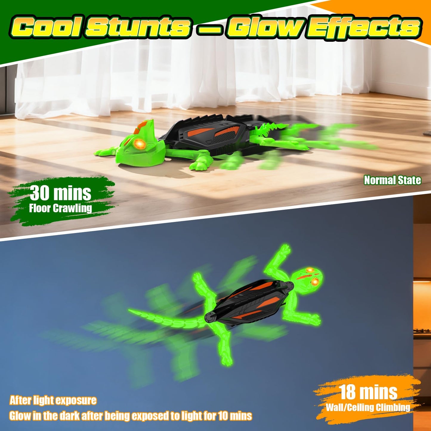 RC Wall Climbing Gecko with Glow-in-The-Dark, Remote Control Gecko Toy for Kids, Floor & Wall Crawling, Glowing Eyes, 360° Rotating, Upgrade Low