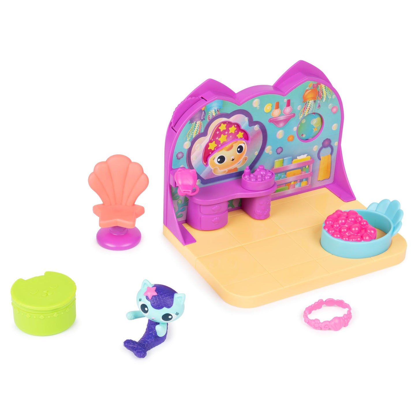 Gabby’s Dollhouse, MerCat’s Spa Room Playset, with MerCat Toy Figure, Surprise Toys and Dollhouse Furniture, Kids Toys for Girls & Boys 3+