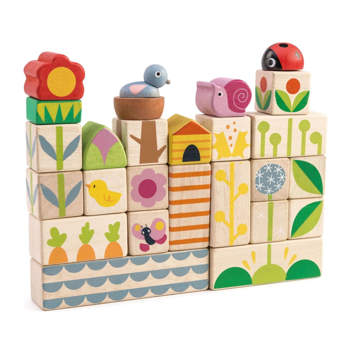 Tender Leaf Toys - Garden Blocks - 25 Pieces Decorative Garden Themed Wooden Stacking Blocks with Peg - Building Blocks, Hand-Eye Coordination