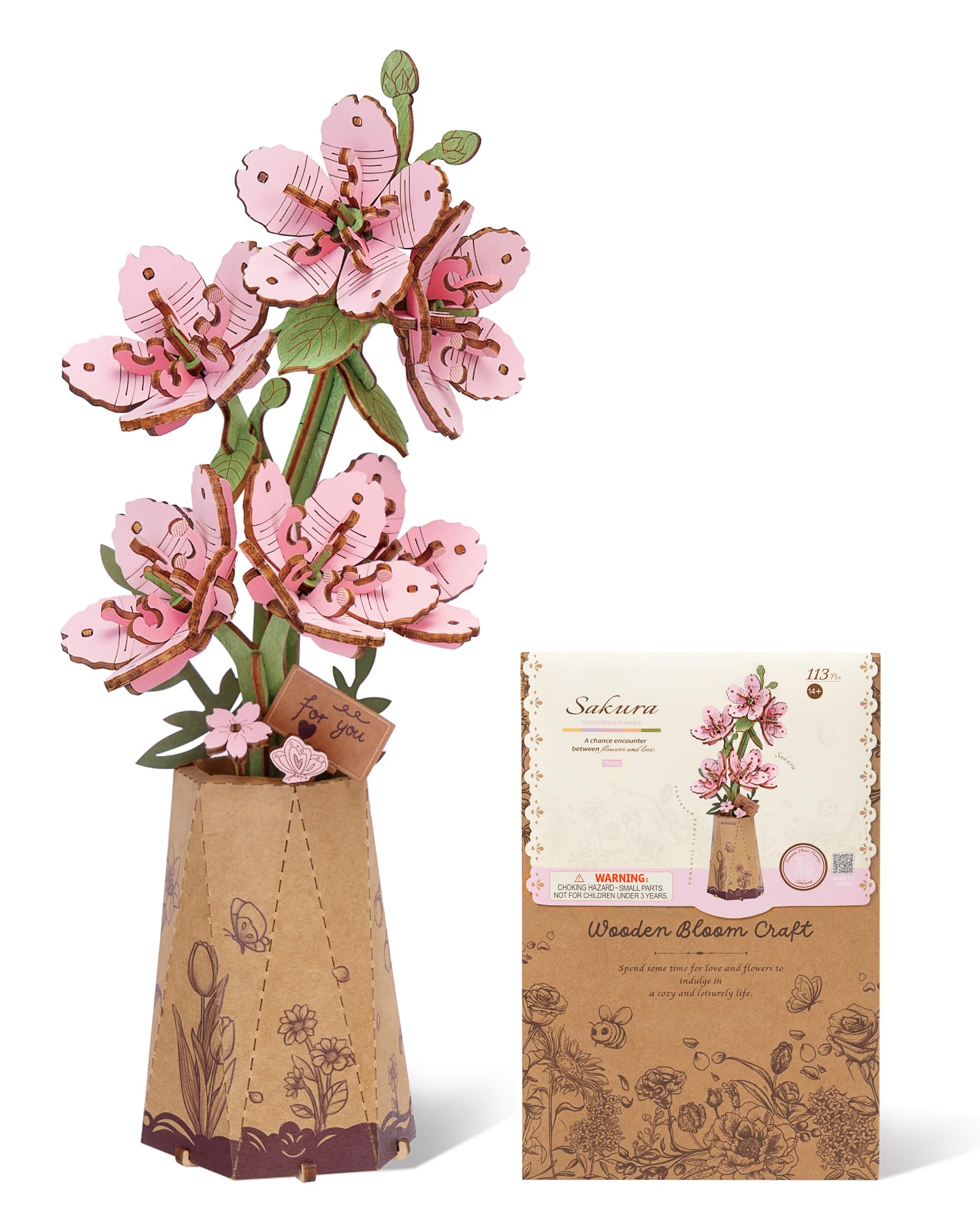 ROBOTIME 3D Puzzle Sakura TW101, DIY Wooden Flower Craft, Artificial Flowers Model Kit to Assemble for Adults, Home Decoration and Valentine's Day Toy