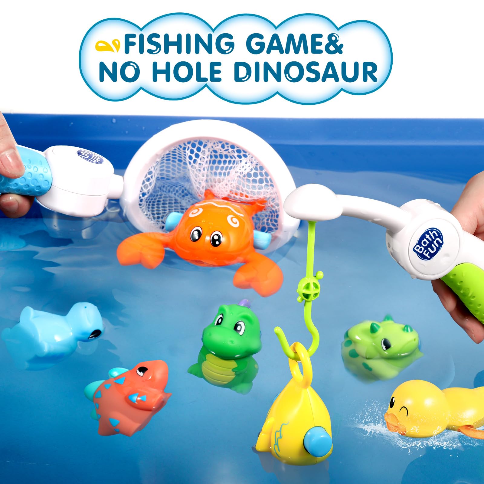 Bath Toys for Kids Ages 3-5, Bathtub Toy with Slide Track and Shower Head, Fishing Floating Toy with No Hole Dinosaur, Bathtub Toys for Kids Ages 4-8