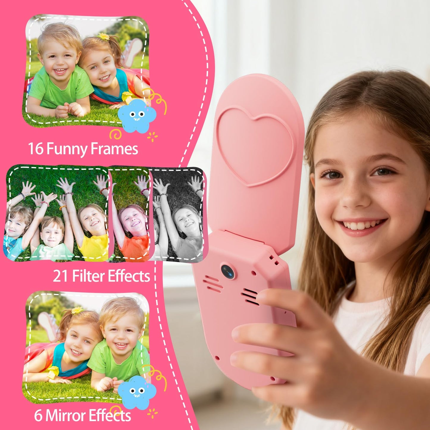 Kids Camera, 3-7 Years Old Girls Gifts, 2.0-inch Flip Phone Digital Camera with 32GB SD Card, DIY Stickers, 1080P Video, Games, Music Player