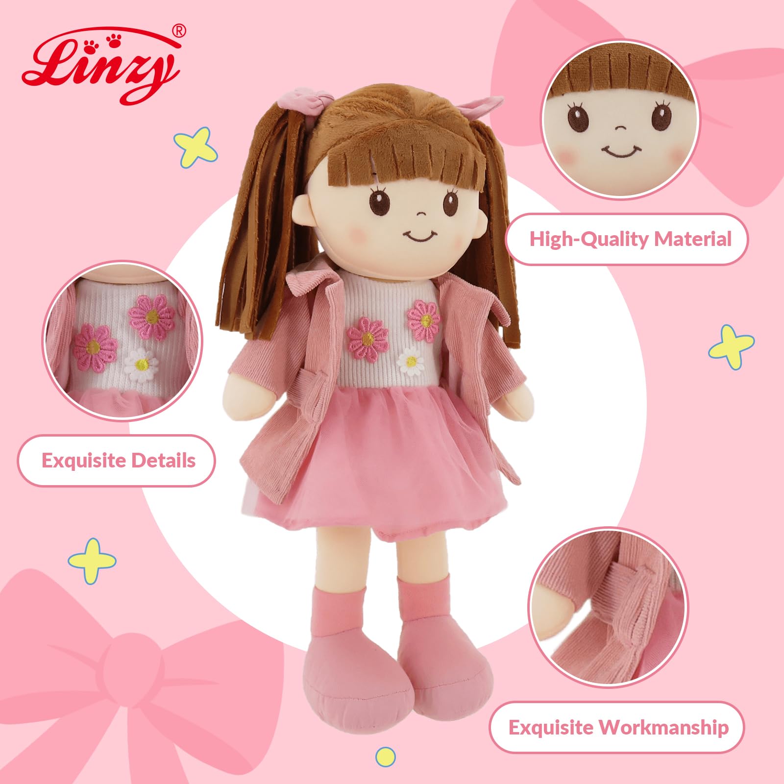Linzy 15" Little Sweet Hearts Emily Doll - Adorable My First Plush Rag Doll for Girls - Soft Baby Doll with Braided Pigtails & Bows, Washable Sensory