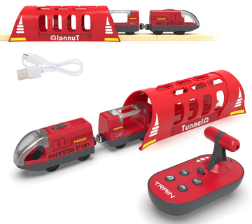Remote Control Train Set with Light & Sound Tunnel - Battery Operated Bullet Train for Wooden Track, Compatible with Thomas & Brio, Gift for Kids 3-5
