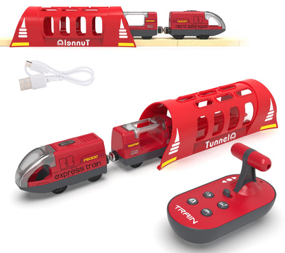 Remote Control Train Set with Light & Sound Tunnel - Battery Operated Bullet Train for Wooden Track, Compatible with Thomas & Brio, Gift for Kids 3-5