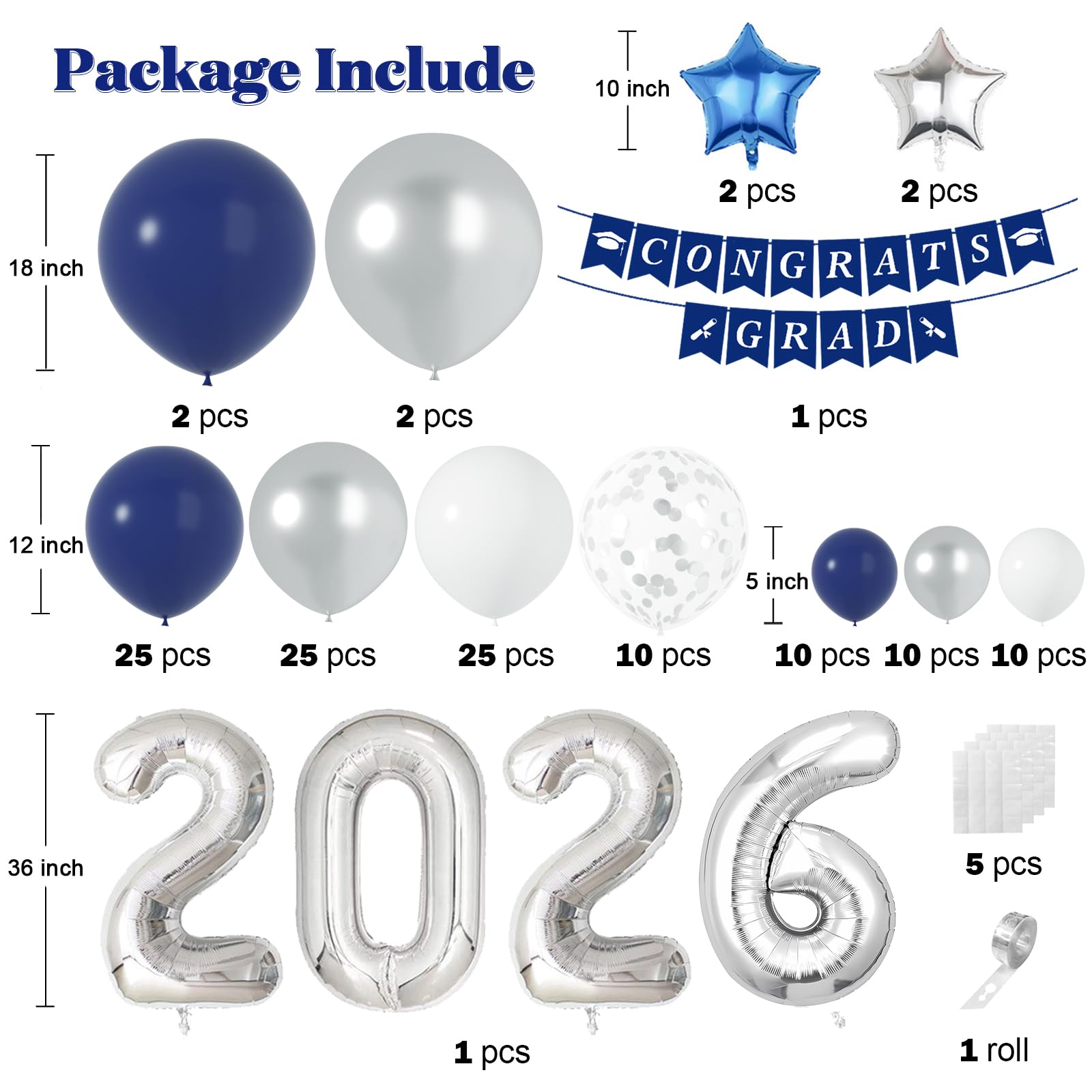 Graduation Decorations Class of 2026: Navy Blue and Silver Graduation Balloon Arch Garland Kit and Silver Confetti Balloons Congrats Grad Banner 2026