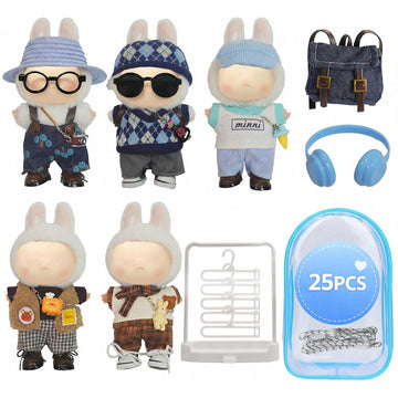 Clothes for Labubu Doll: 25-Piece Clothes & Accessories Set for 17cm/6.7in Dolls - Charm Overalls Casual OutfitsShoes Glasses Backpack Hangers Display