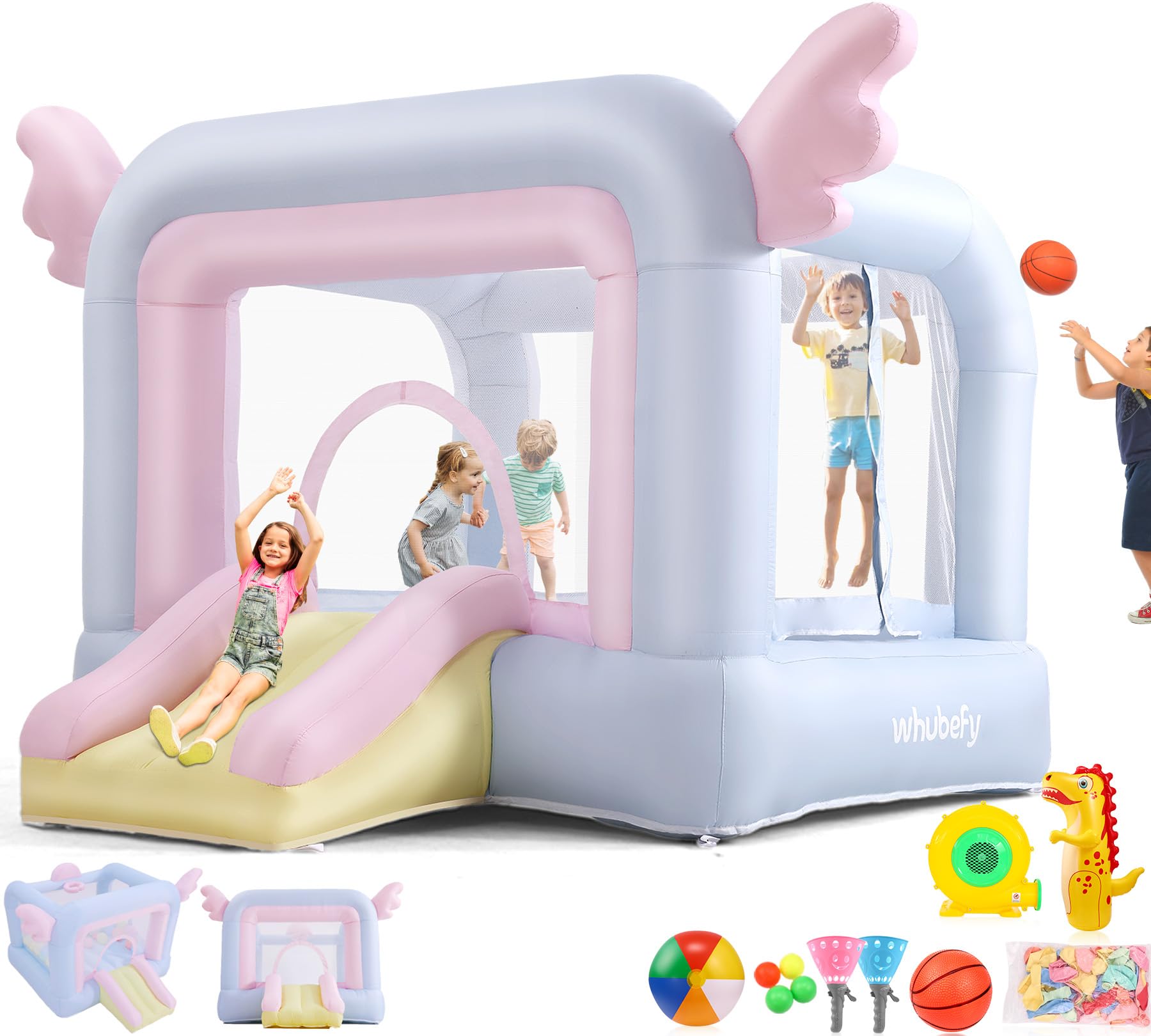 Inflatable Bounce House for Kids All-in-ONE w/Macaron Balloons, Catch Ball Set, Punching Bag, Beachball, Basketball, 106 x 85 x 80 Jump Castle
