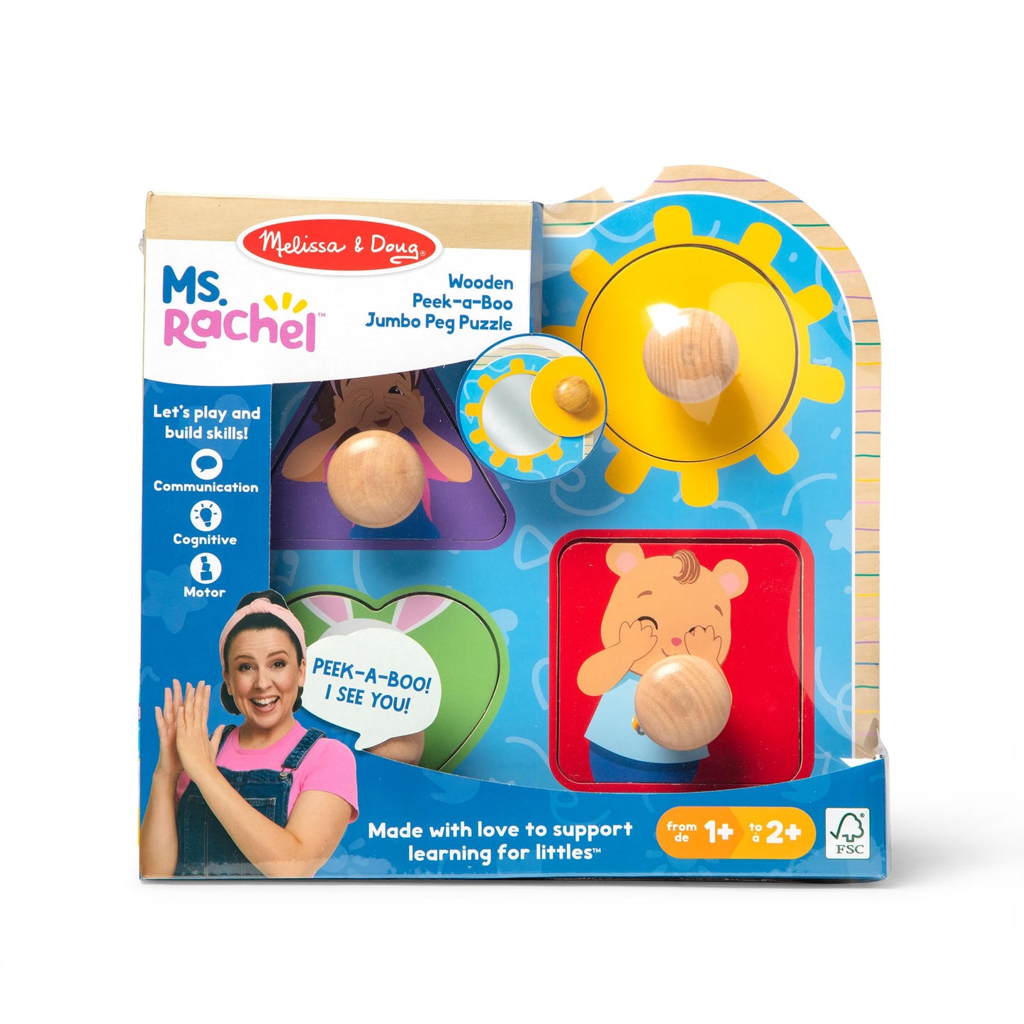 Melissa & Doug® Ms. Rachel™ Wooden Peek-a-Boo Jumbo Peg Puzzle, 4-Piece with Mirror, Toddler Toys for Boys and Girls Ages 1+ Years