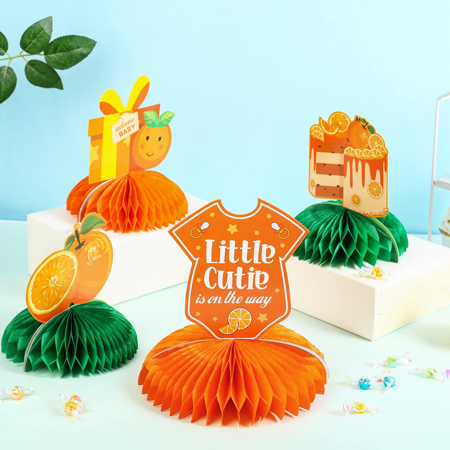 Cheereveal Little Cutie Baby Shower Decoration Little Cutie Table Centerpiece, Clementine Orange Honeycomb Centerpieces Tabletop Supplies
