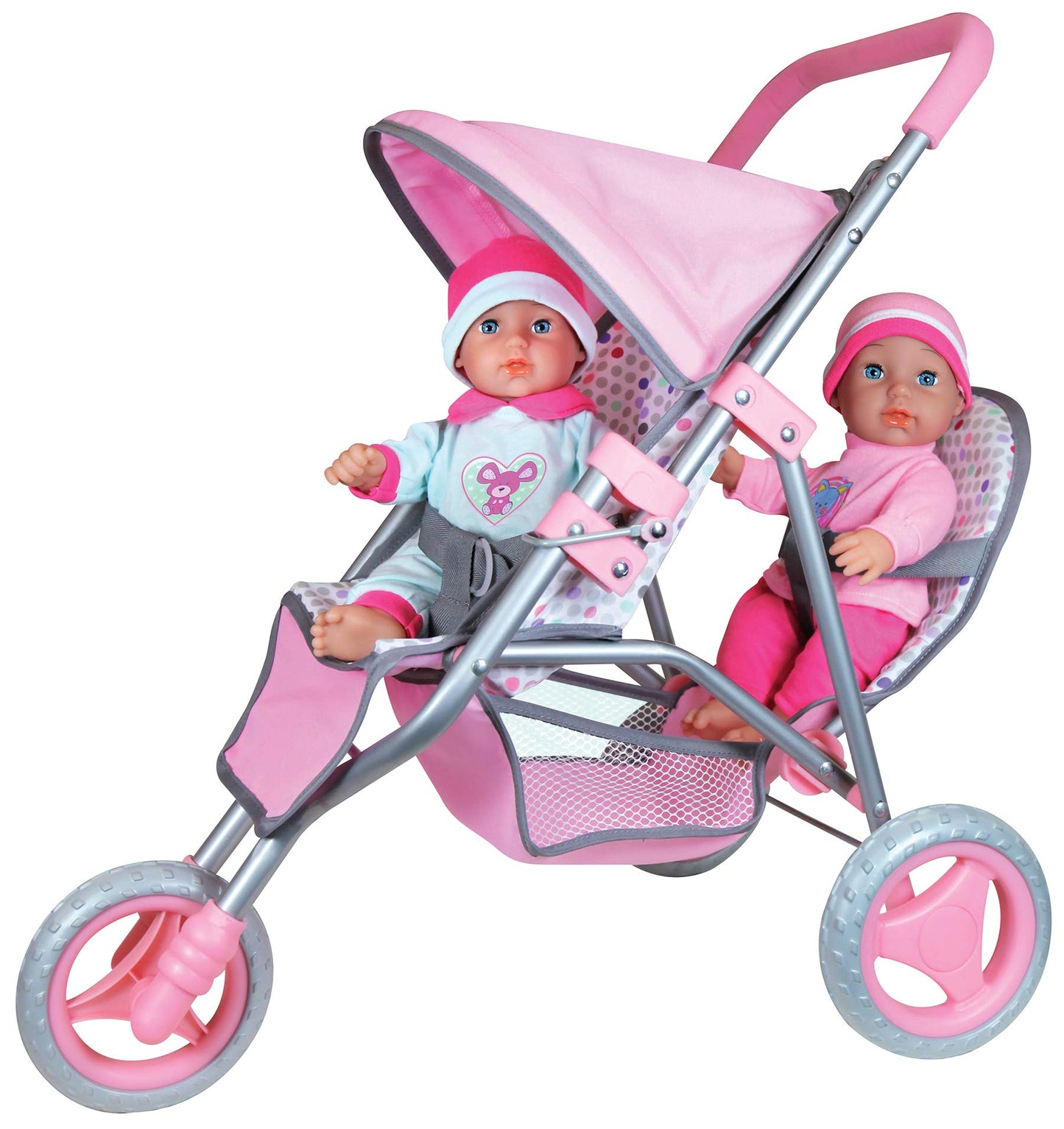 Twin Baby Dolls in Twin Jogger Stroller